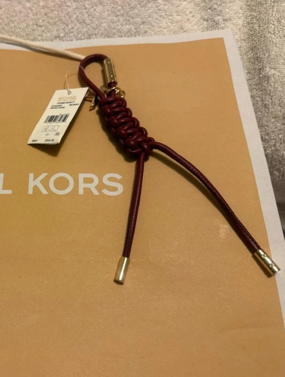 Michael Kors Braided Leather Key & Card Holder in Burgundy with Gold Hardware